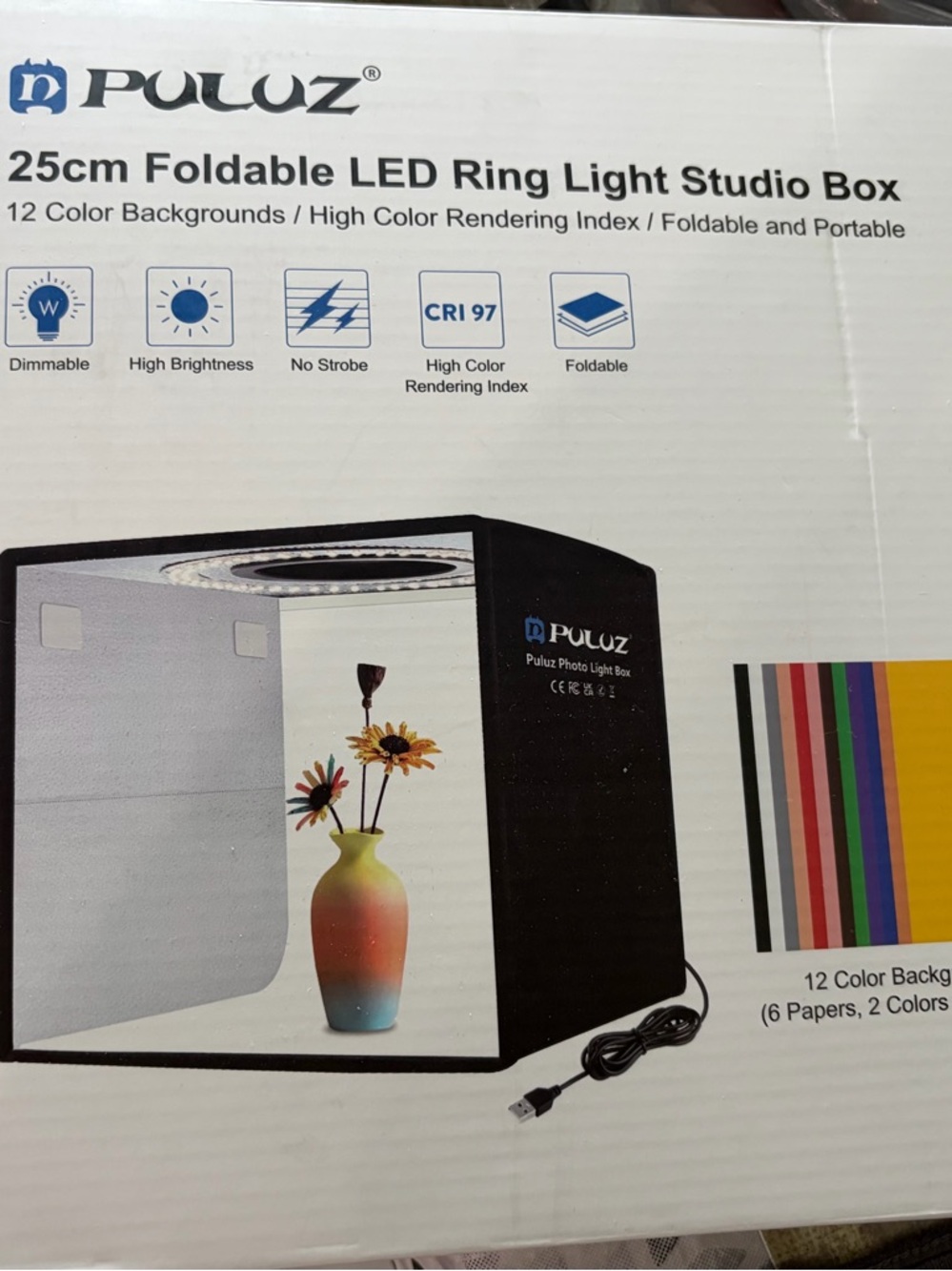 Puluz  25cm Foldable LED Ring Light Studio Box - Black